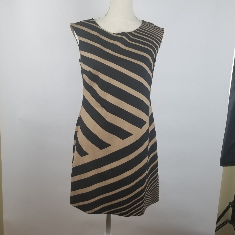 Loft Dress Blk/Brn Asymmetrical Stripes Sz 4P
